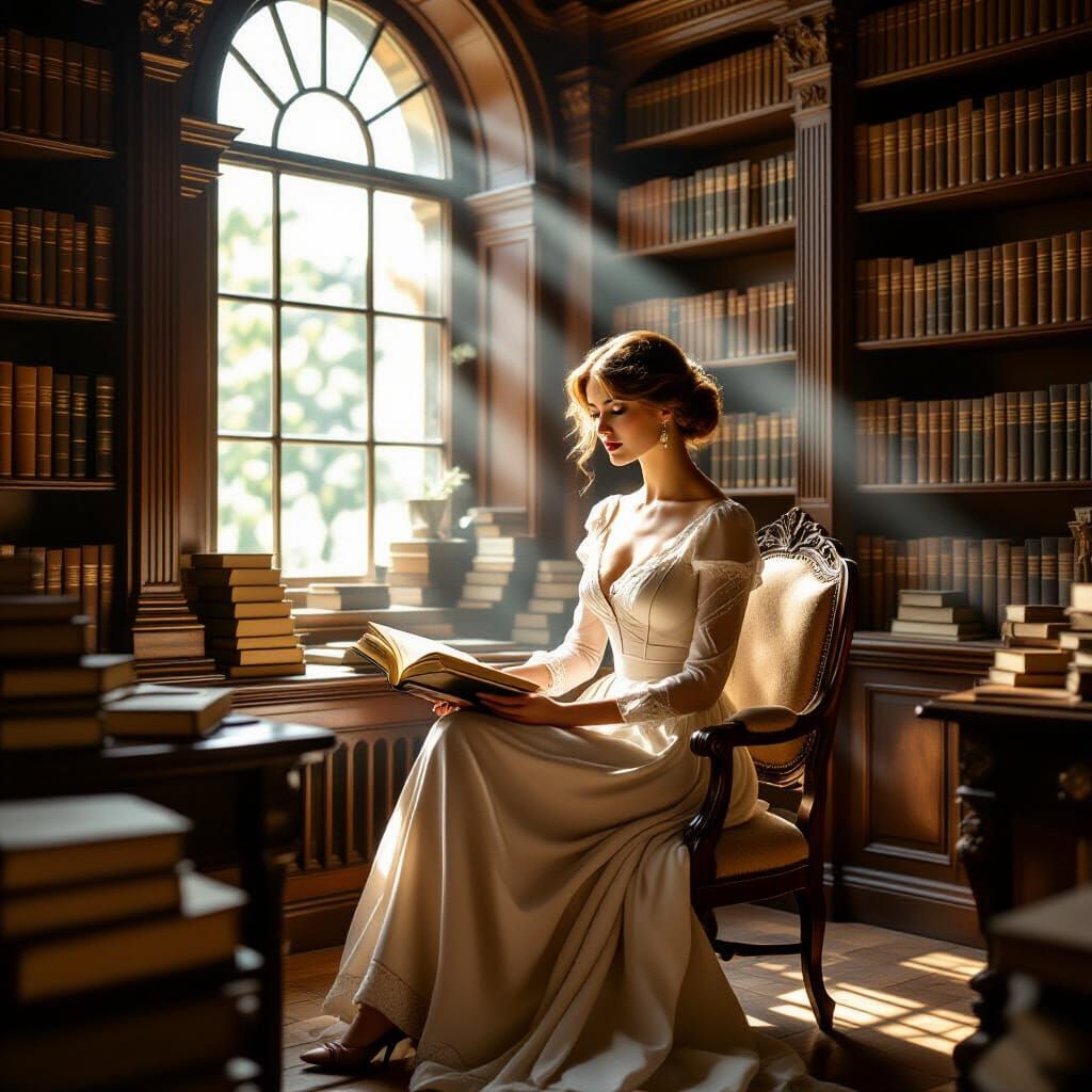 Elegant Woman in Library: Impressionist Dreamscape