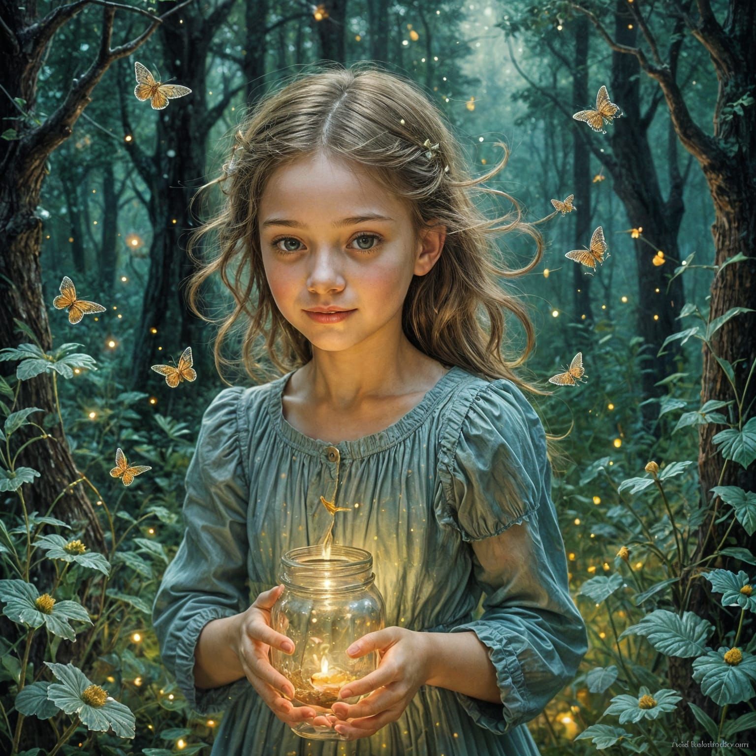 Girl Captures Fireflies: Impressionistic Impasto Art