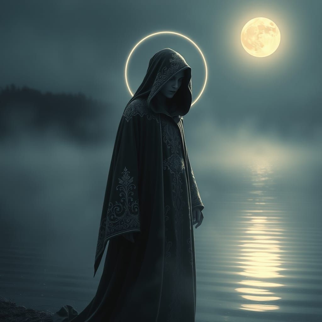 Ethereal Figure at Moonlit Lake in Surreal Style