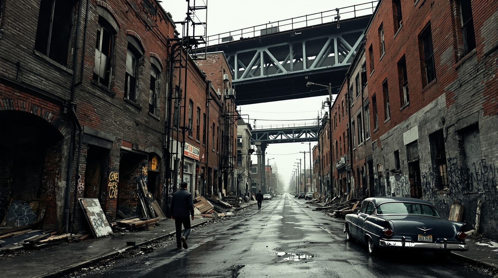 Desolate Industrial Street with Vintage Car in Gritty Realis...