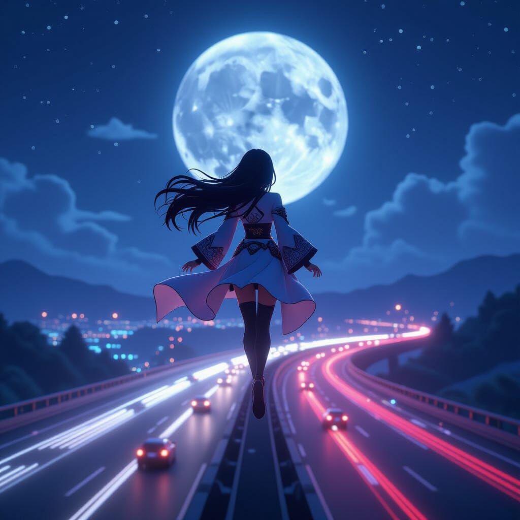 Anime Character Flies Over Night Highway Under Moon