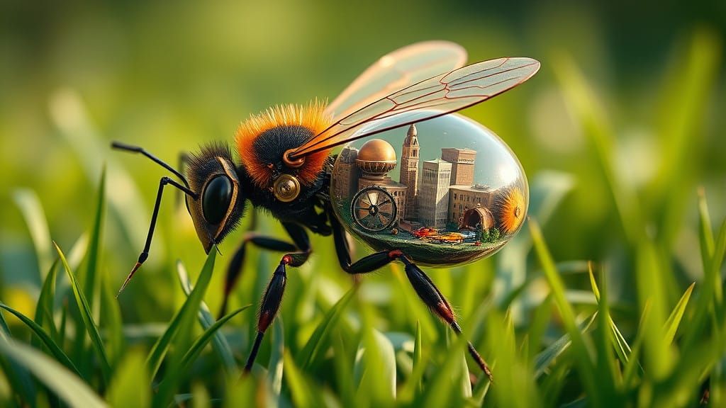 A Steampunk Bee with a Bustling City on its Back