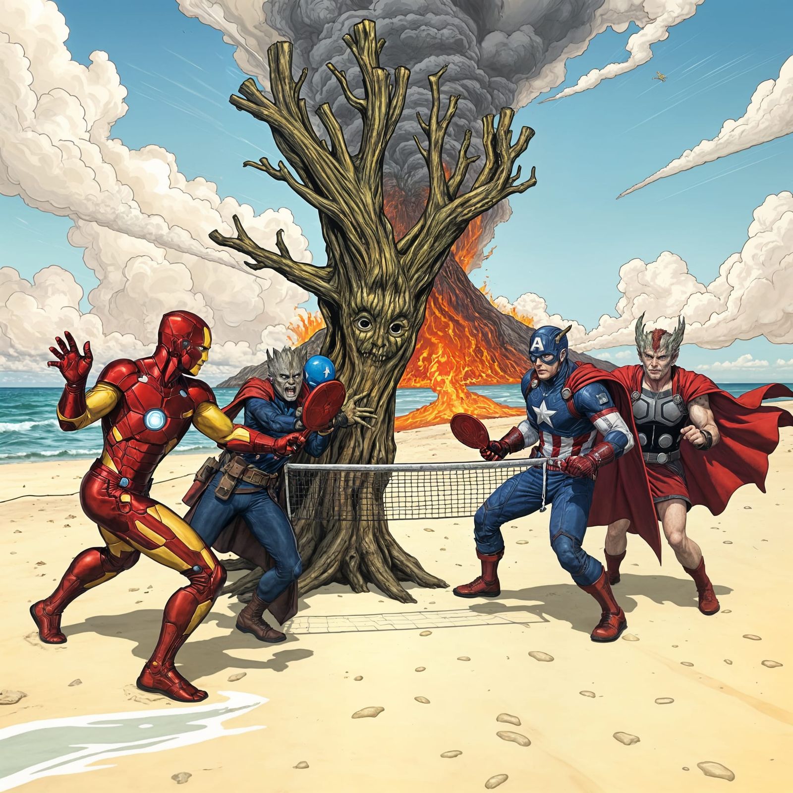 Superheroes Play Pickleball Amidst Volcanic Eruption in Comi...