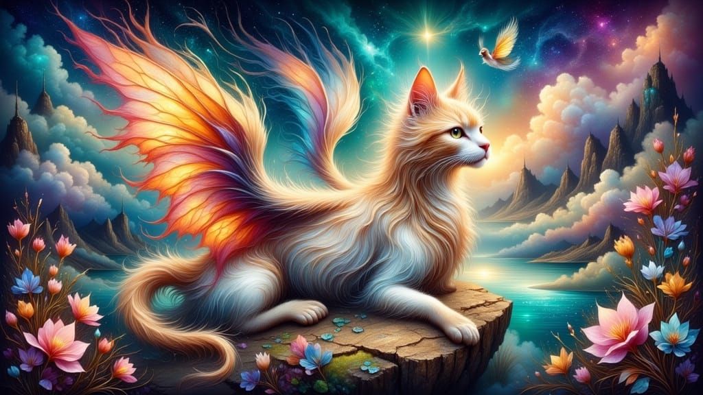 Ethereal Whimsy: A Catlike Creature Soars Through a Vibrant,...