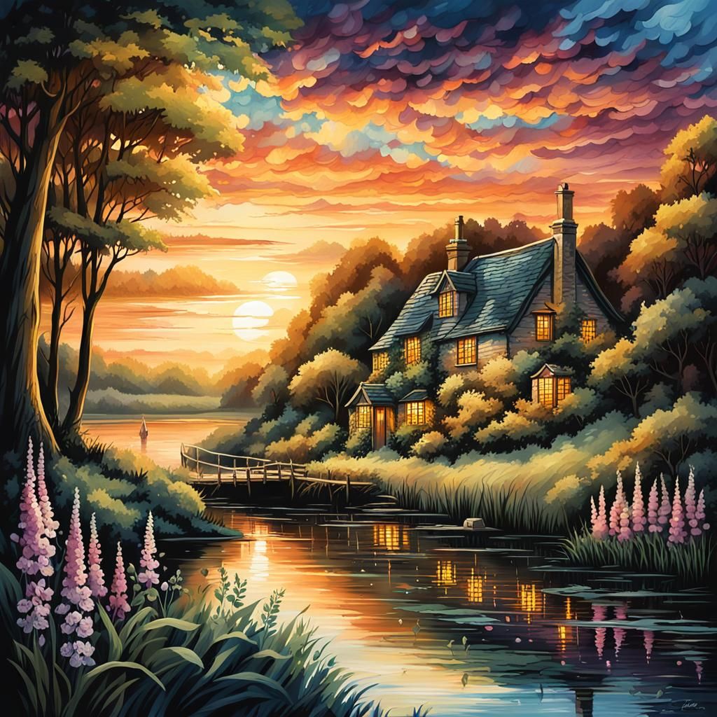 Picturesque English Countryside, Pen and Ink Illustration