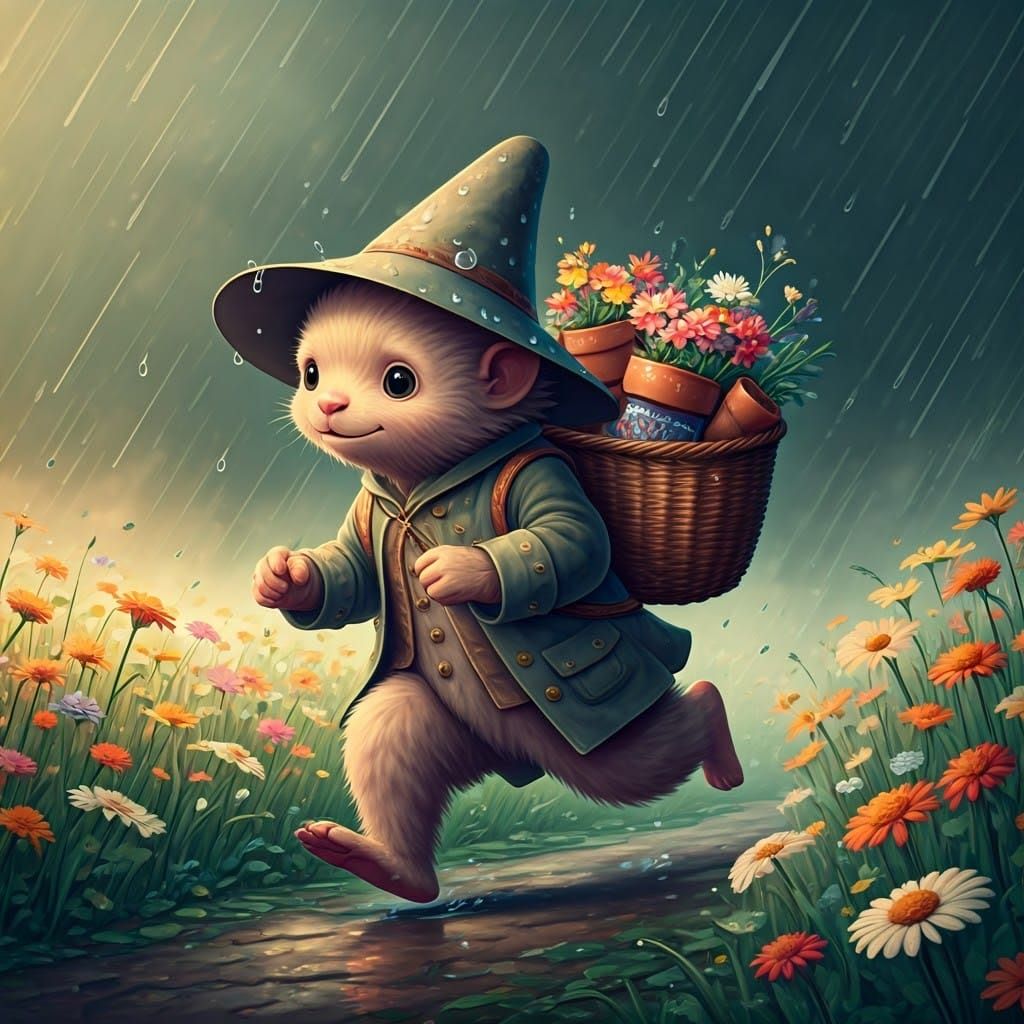 Furry Creature in Meadow with Flower Pots