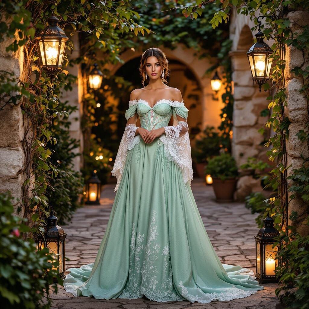 Woman in Elegant Gown in Courtyard, Art Nouveau Style