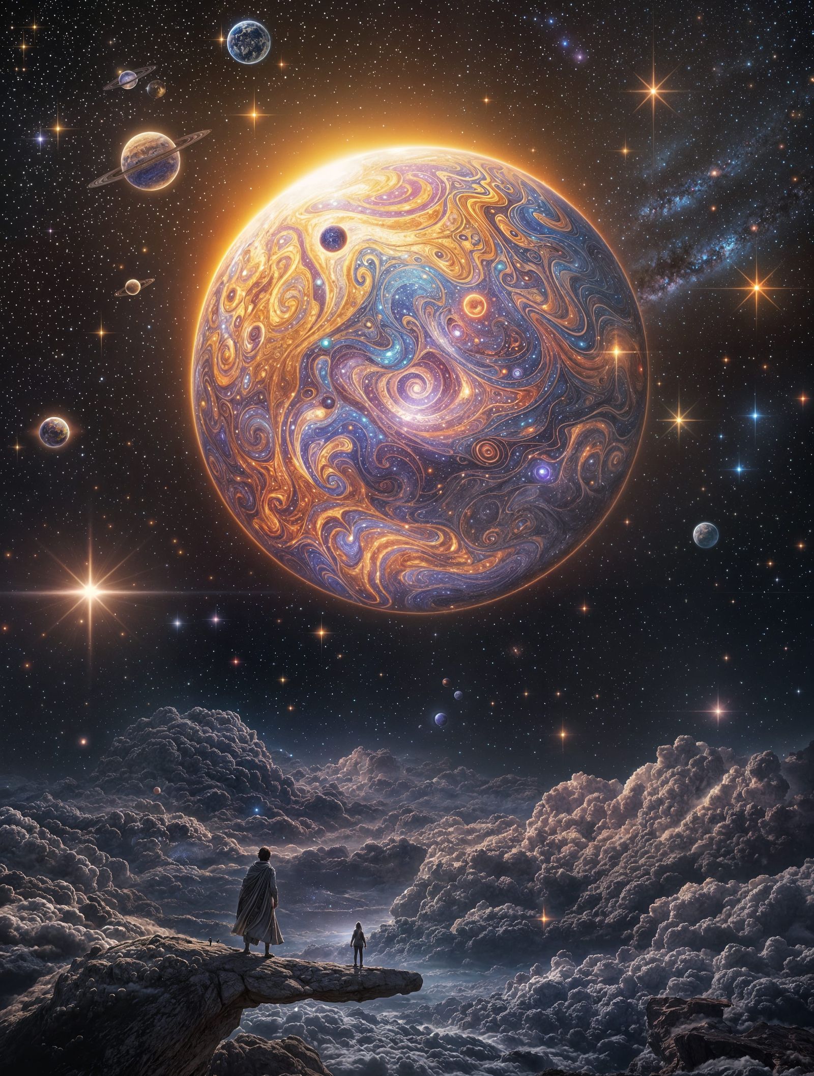 A mesmerizing 12K resolution image of a dreamlike, psychedelic solar system, where a large, luminous planet takes center...