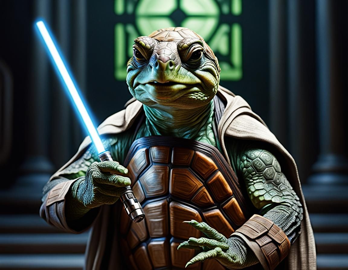 Anthropomorphic Turtle as Jedi in Photorealistic Style