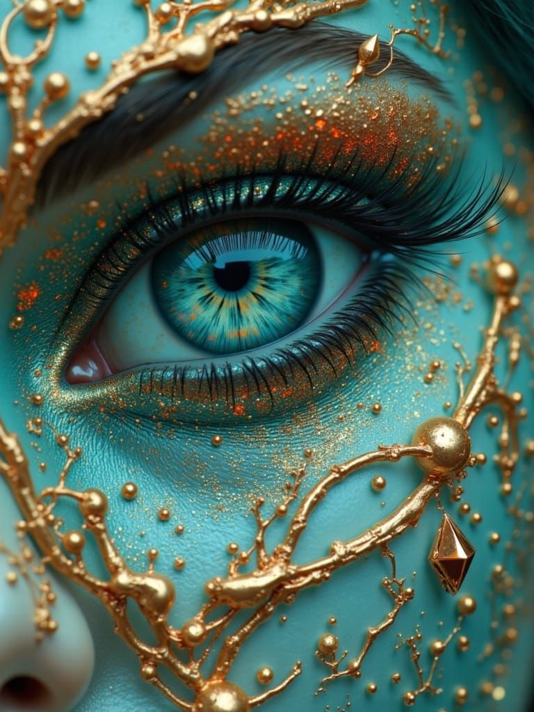 Dark Elf Eye Macro Shot with Gold Filigree and Turquoise Ski...