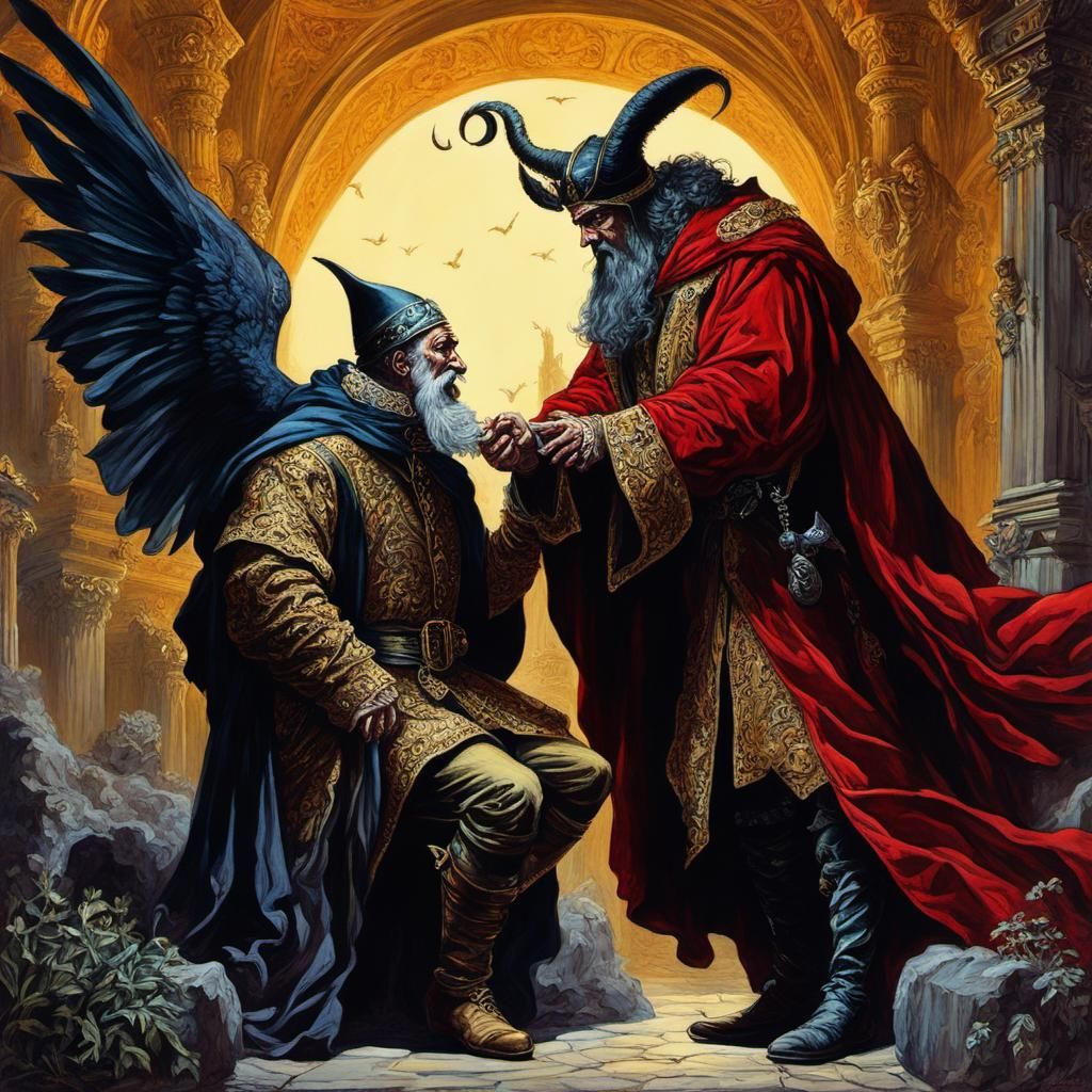 Faust and Mephistopheles in Dramatic Gouache Art