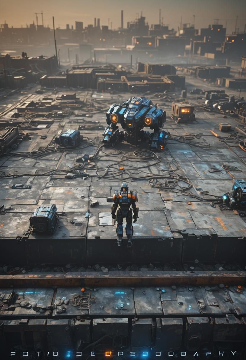 Futuristic Armored Mech in Abandoned Warehouse: 3D Rendering