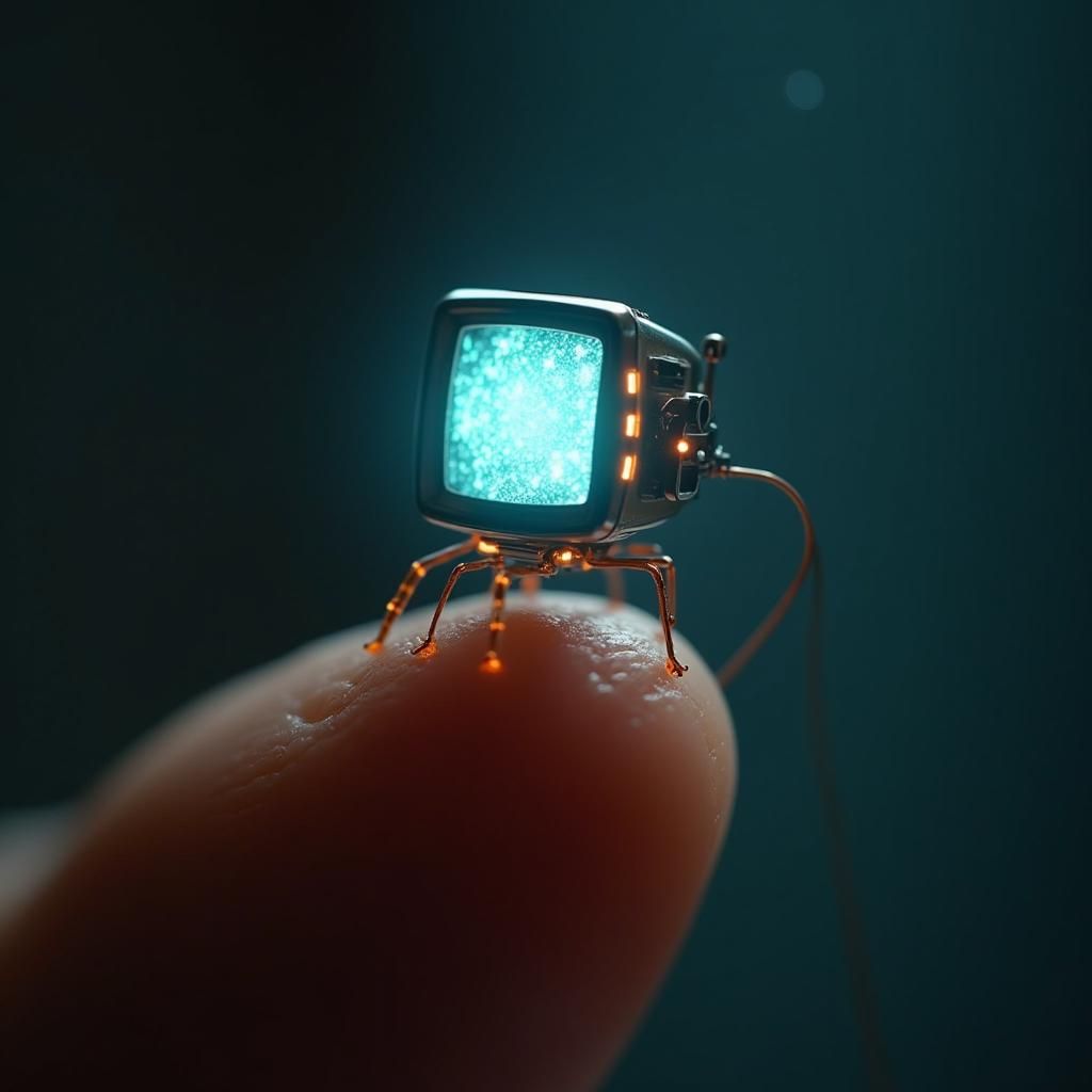 Glowing Microscopic Computer Screen on Finger