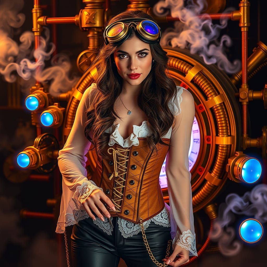 Steampunk Time Traveler Activates Ornate Machine