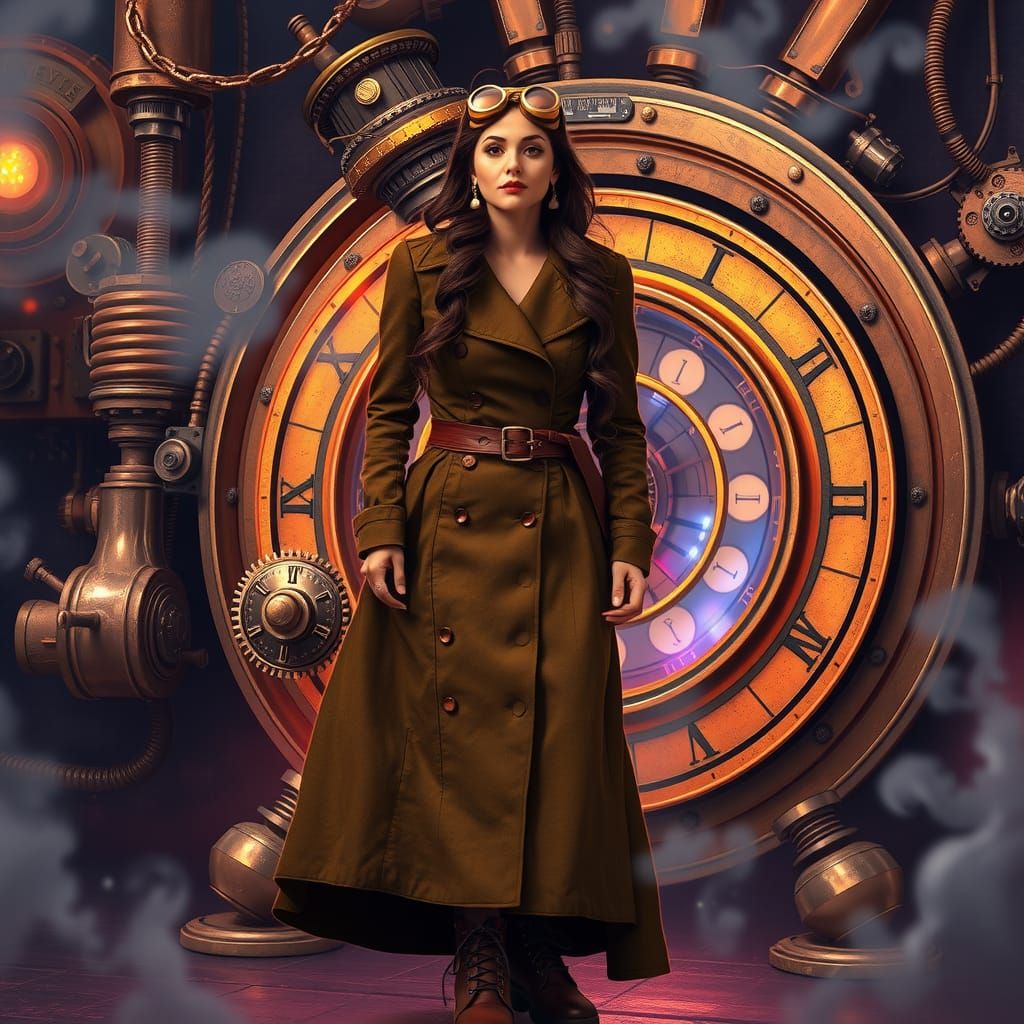 Steampunk Time Traveler Activating Time Machine