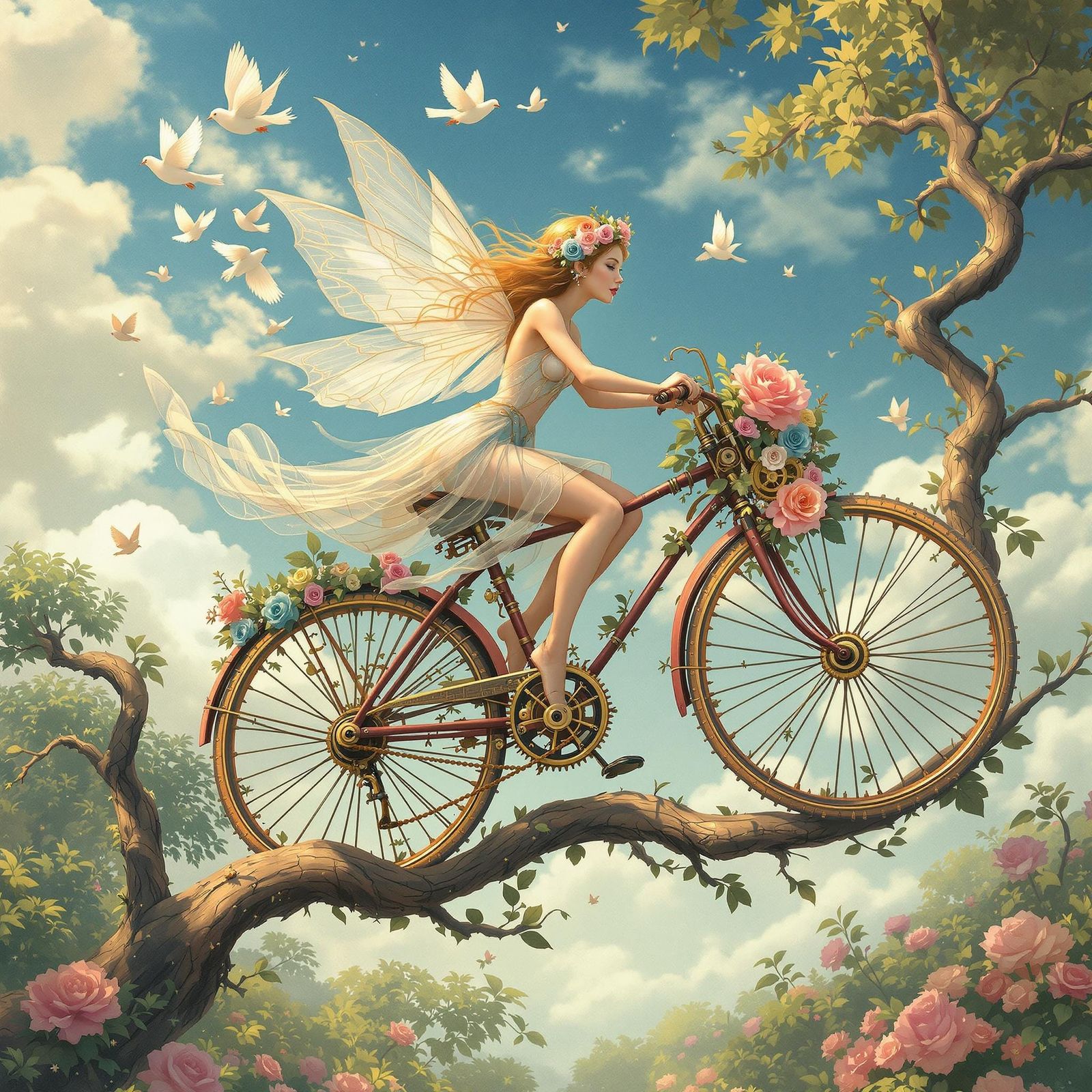 Fairy on Steampunk Bicycle in Enchanted Landscape