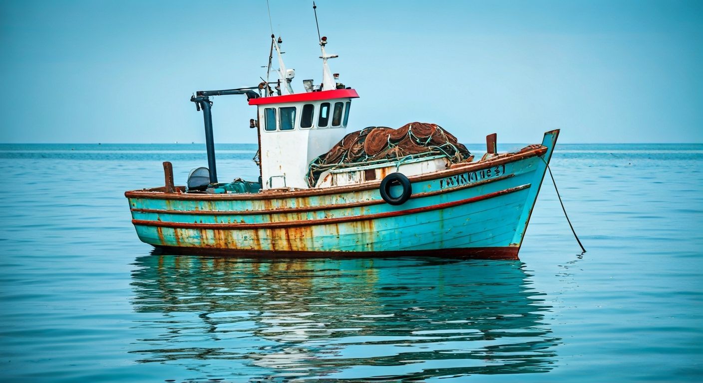 Tranquil Teal Sea: Turquoise Fishing Boat at Rest
