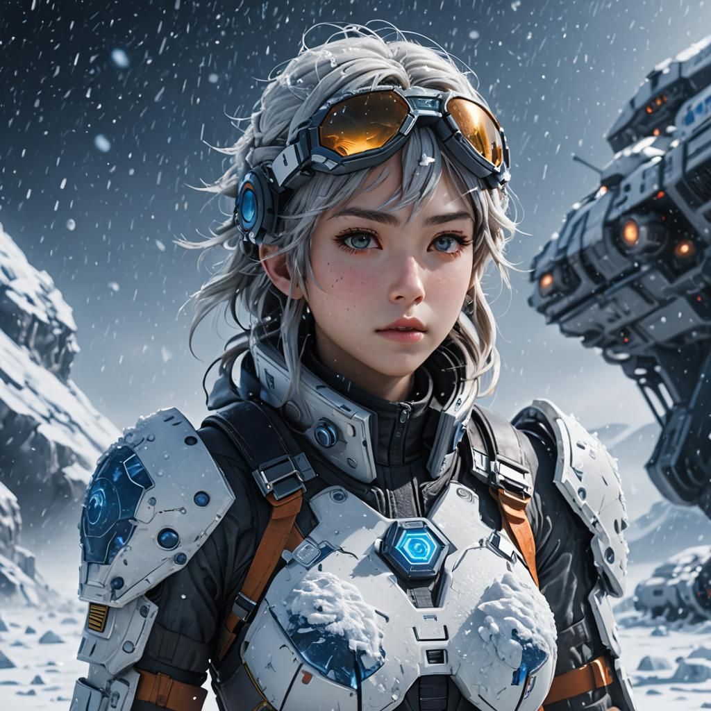 Sci-Fi Anime Woman in Icy Snowstorm