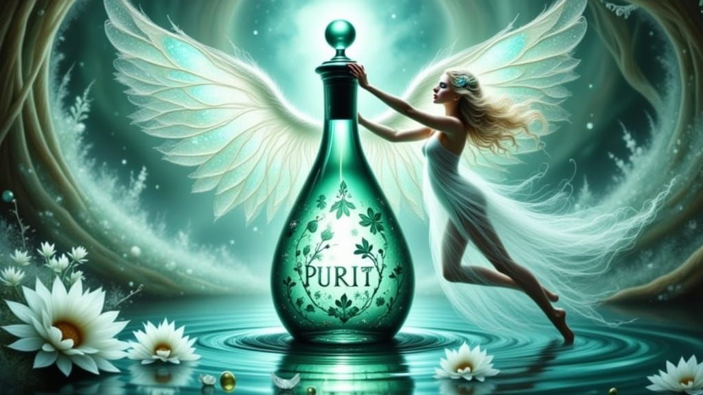 Ethereal Water Nymph Holds Purity Bottle in a Fractal Univer...