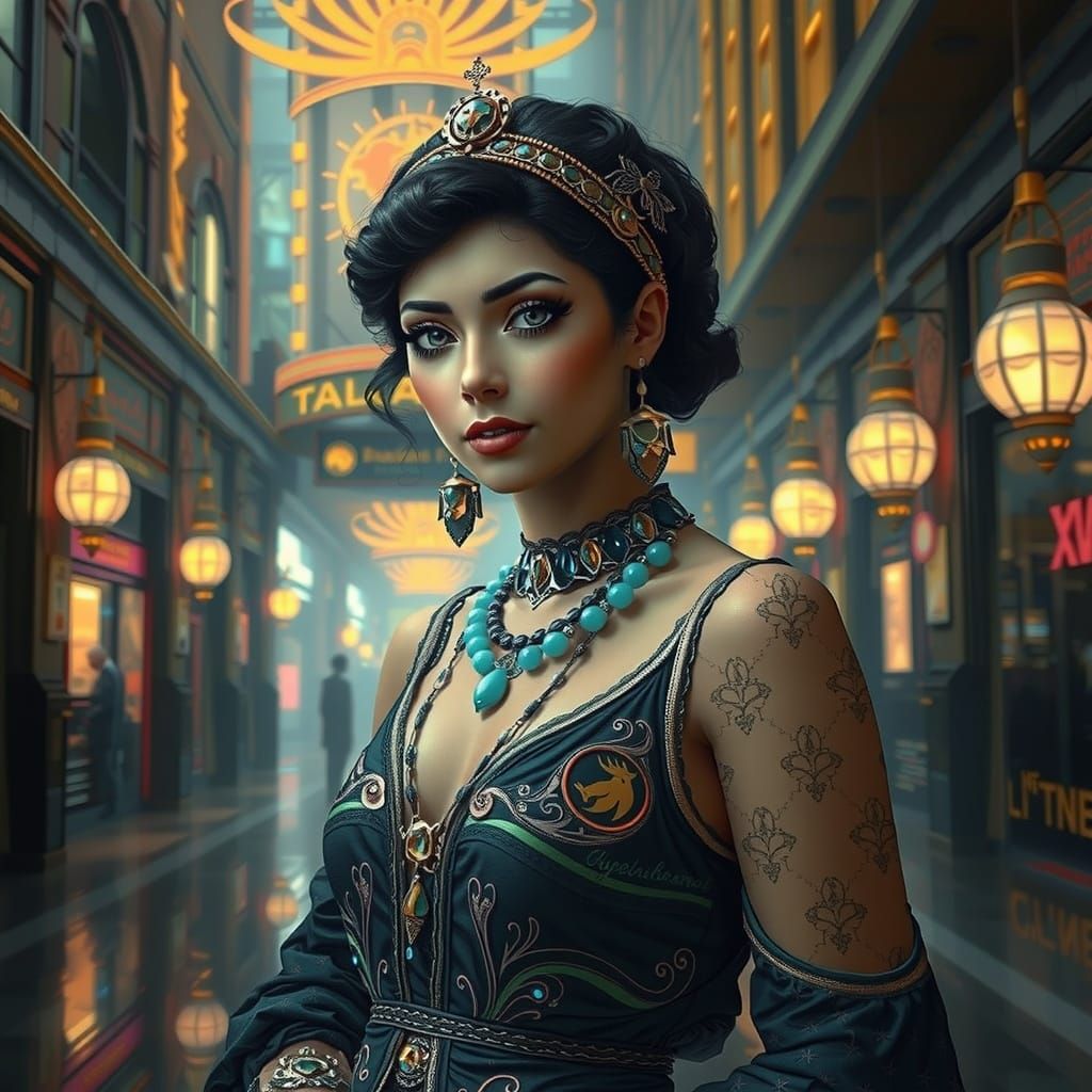 Elegant 1920s Woman in Retro Futurism Metropolis