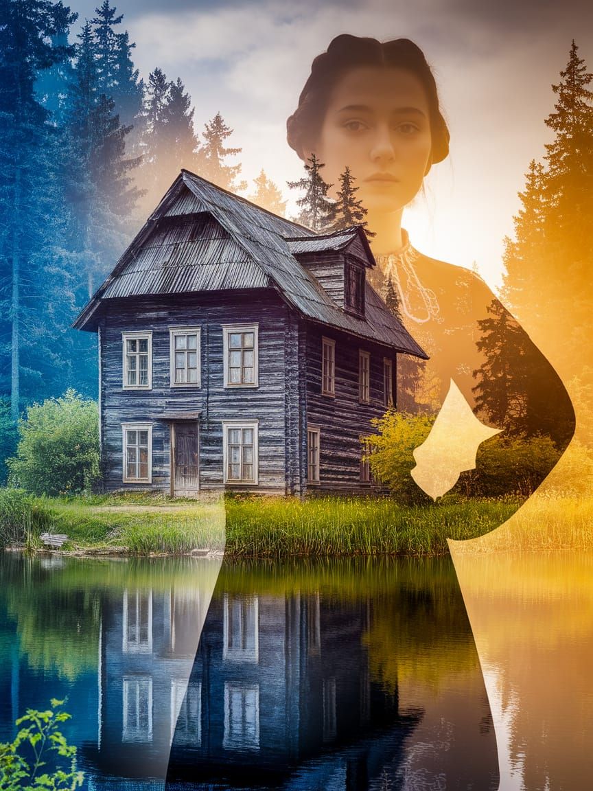 Ethereal Ukrainian Village Scene in Double Exposure