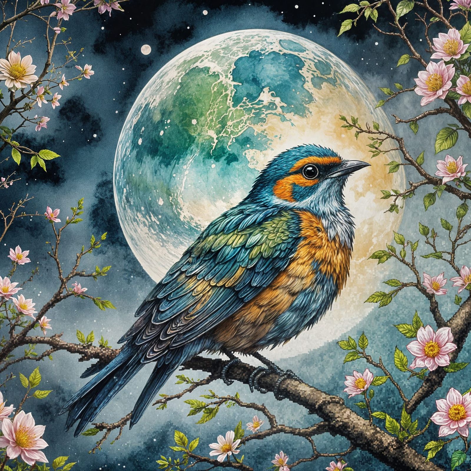 Colorful Bird Under Moon, Hyperdetailed Comic Illustration