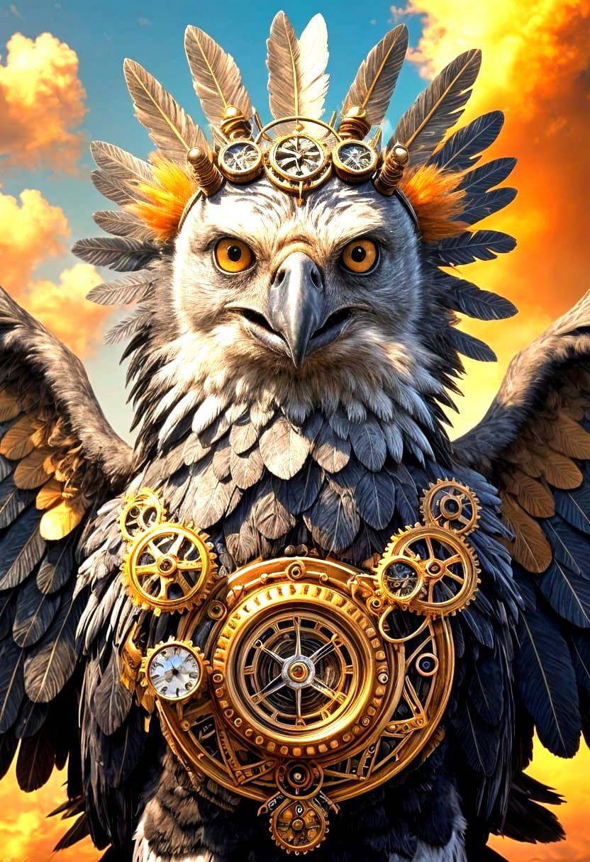 Steampunk Harpy Eagle Screeching, Wings Outstretched