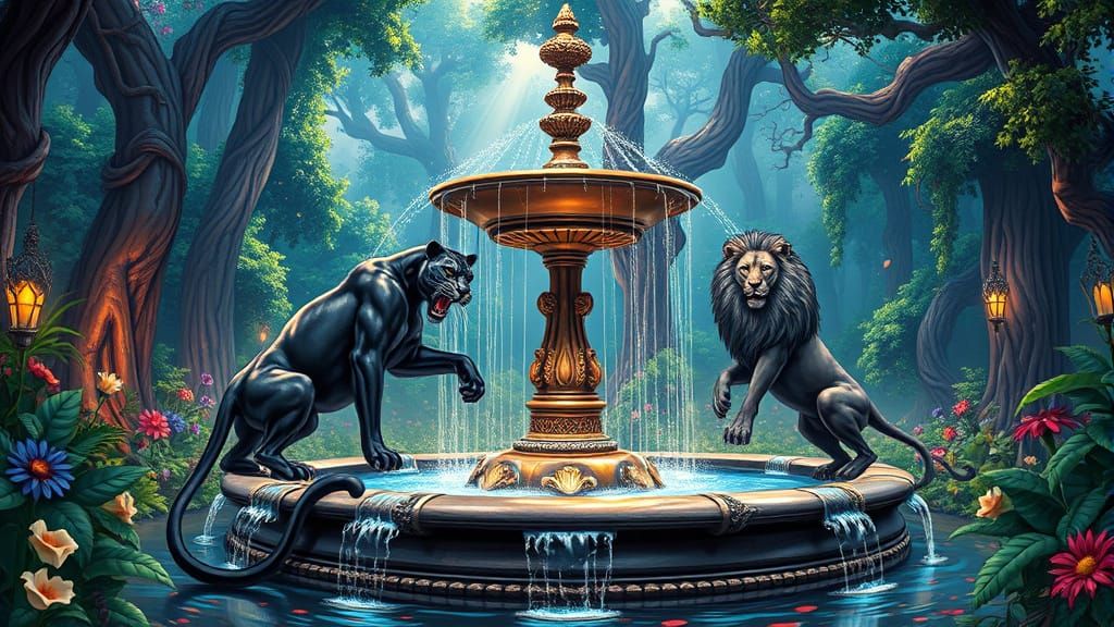 Victorian Fountain in Fantasy Forest: Comic Book Art