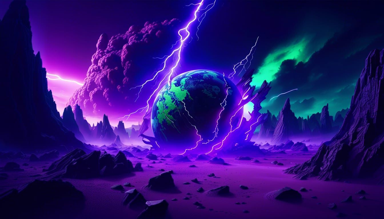 Epic Purple Planet Crushing Green Asteroid in Storm
