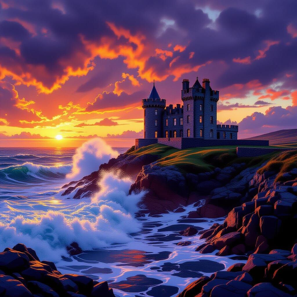 Classiebawn Castle at Dramatic Sunset Over Turbulent Sea