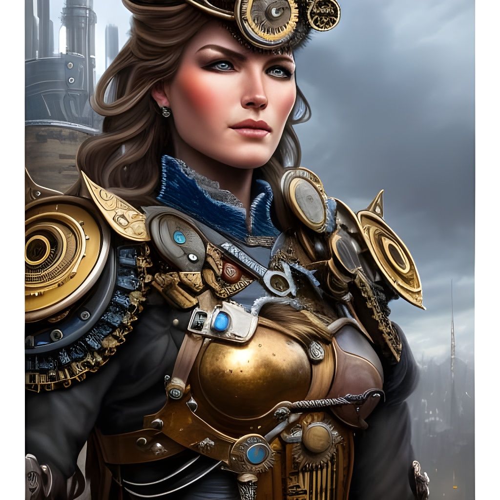Steampunk Princess in Armor Before Steampunk Town