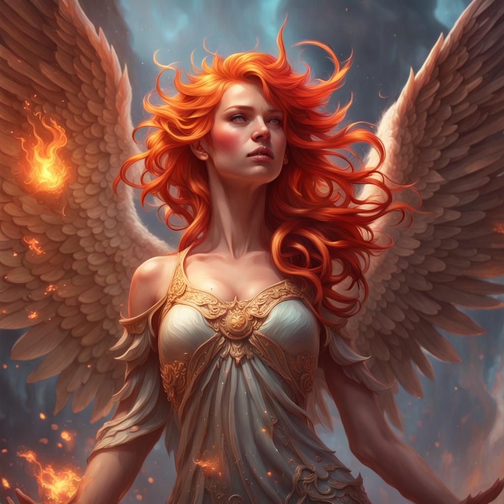 Fiery Haired Angel Portrait in Hyperdetailed Digital Art