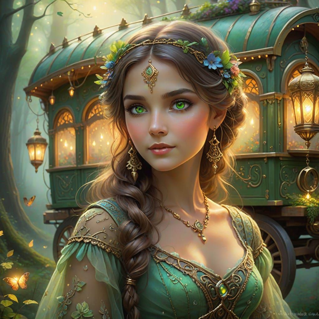 Enchanting Gypsy Woman in Whimsical Forest Glade
