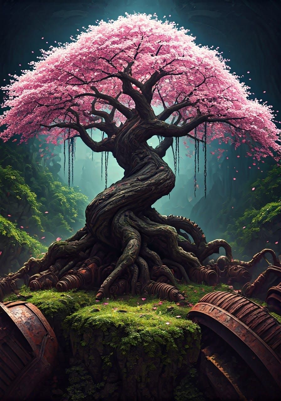 Ethereal Cherry Blossom Tree Amidst Industrial Ruins in Conc...
