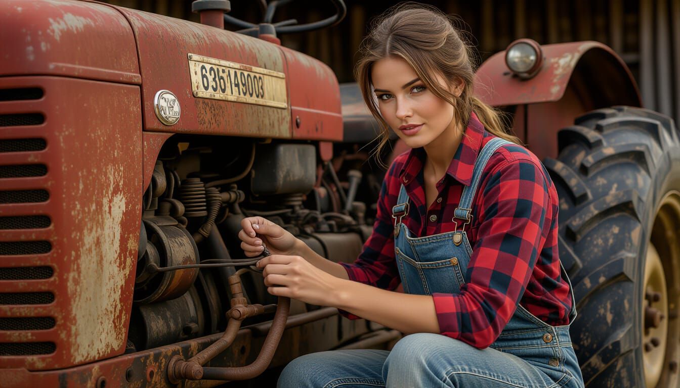 Photorealistic Woman Repairs Tractor in Rustic Farm Setting