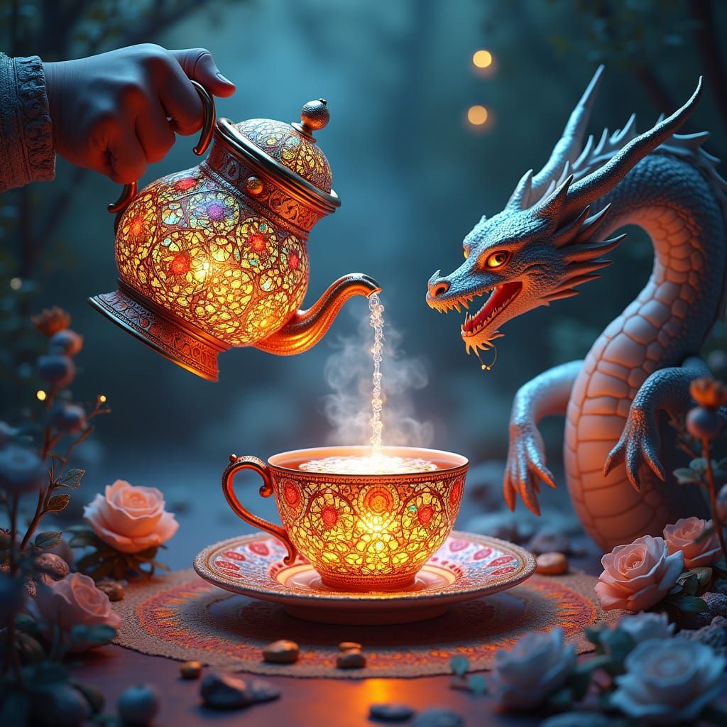 Stained Glass Tea Kettle with Dragons: Digital Art