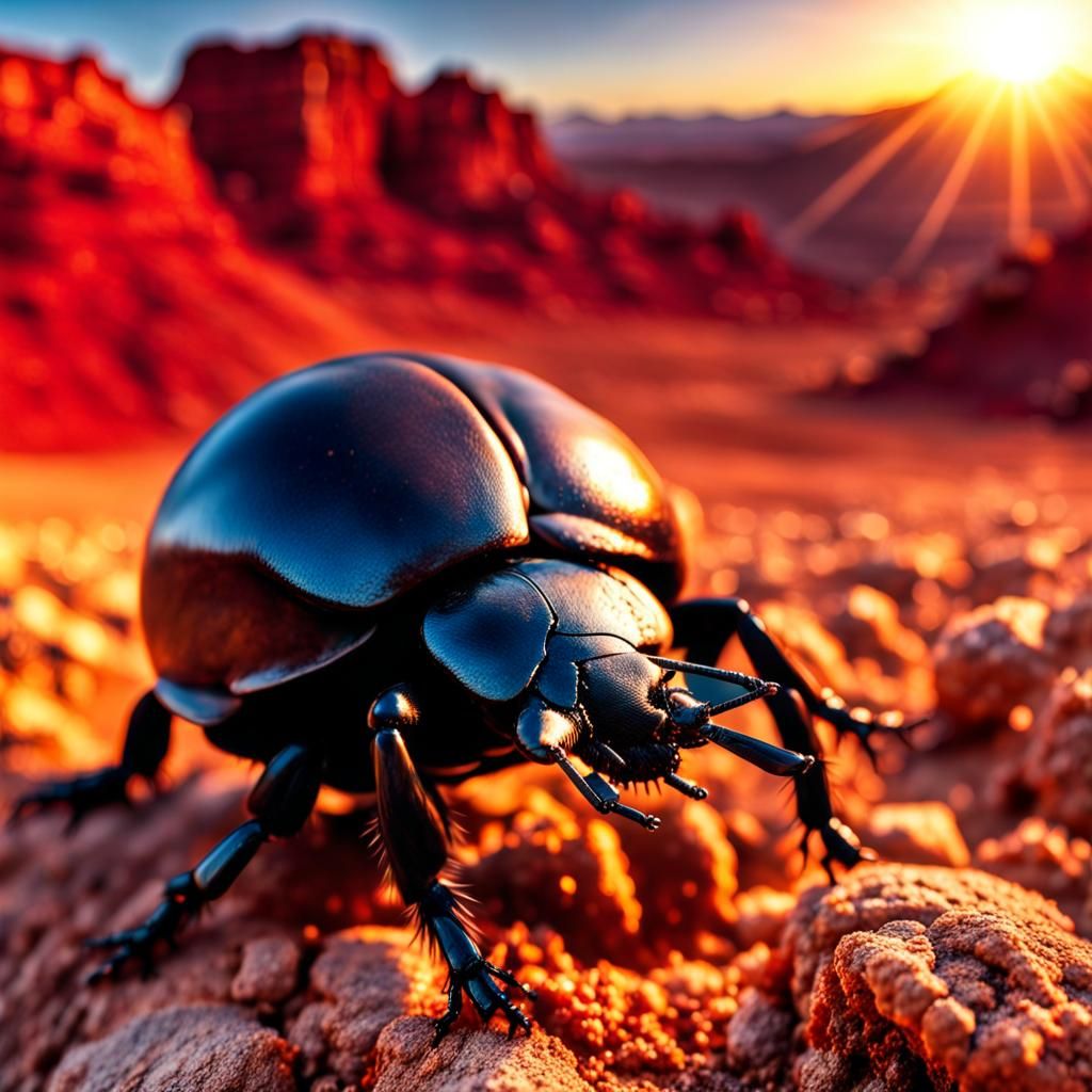 Detailed Dung Beetle Pushing Dung Ball at Sunset