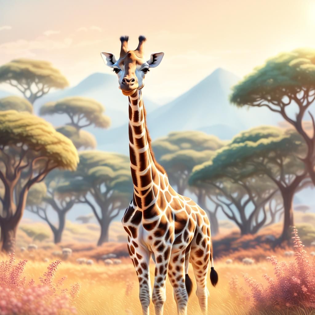 Vibrant Giraffe in Whimsical Savannah Scene, Inspired by Cla...