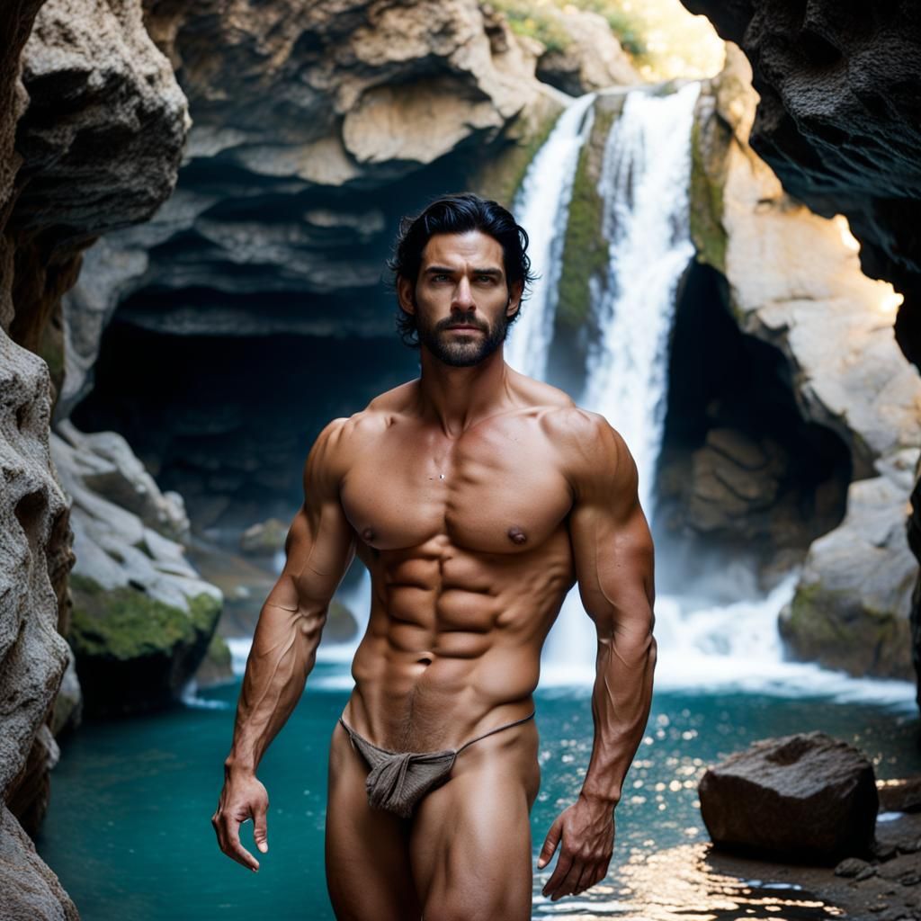 Nude Greek God in Romantic Grotto