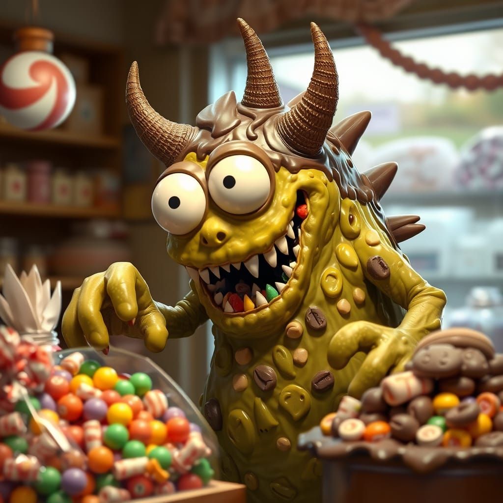 A Monster made of Chocolate eats all the Candy in the shop