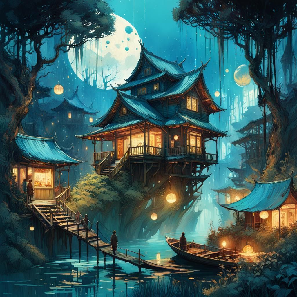 Mangrove village under the moon