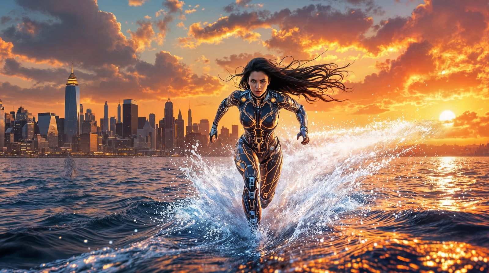 Cybernetic Heroine Runs Across New York Bay at Sunset