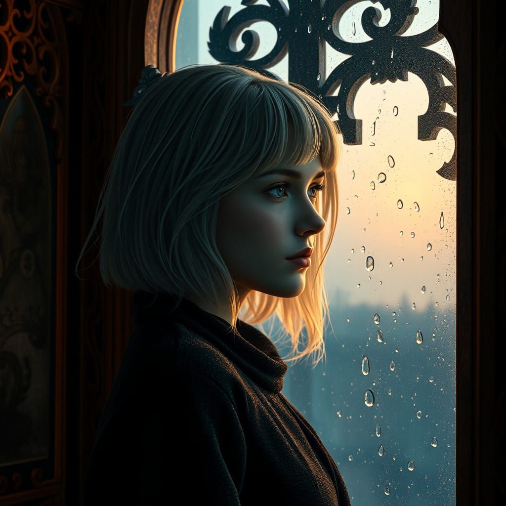 Melancholic Woman Lost in Thought Behind Rainy Window