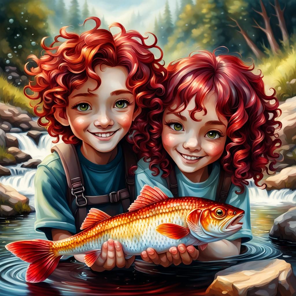 Children Fishing in Stream: Oil and Ink Art