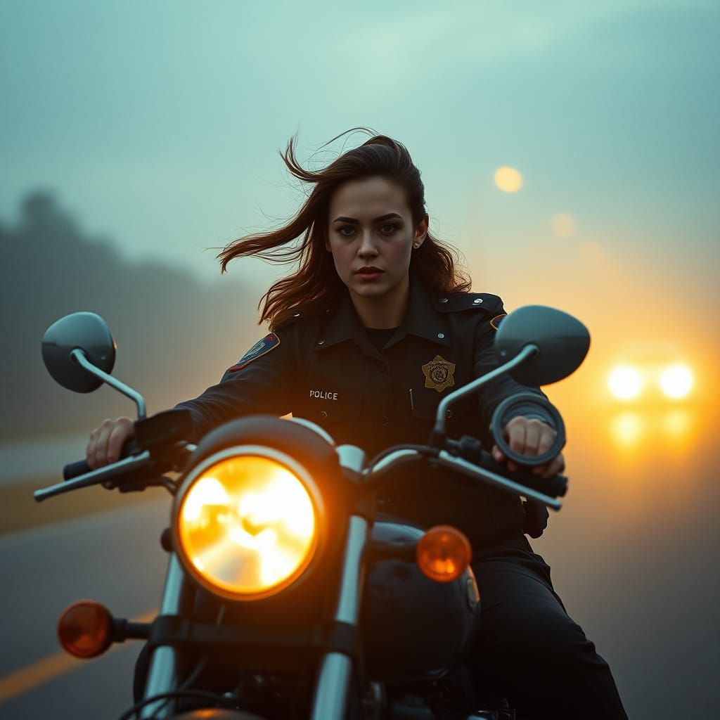 Determined Female Police Officer in Action, Speeding Down a ...