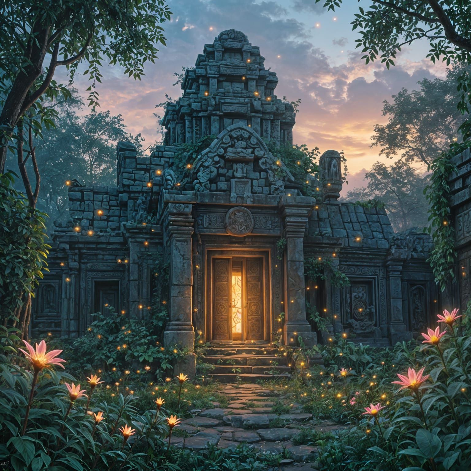 Mystical Overgrown Temple with Glowing Flora at Dusk