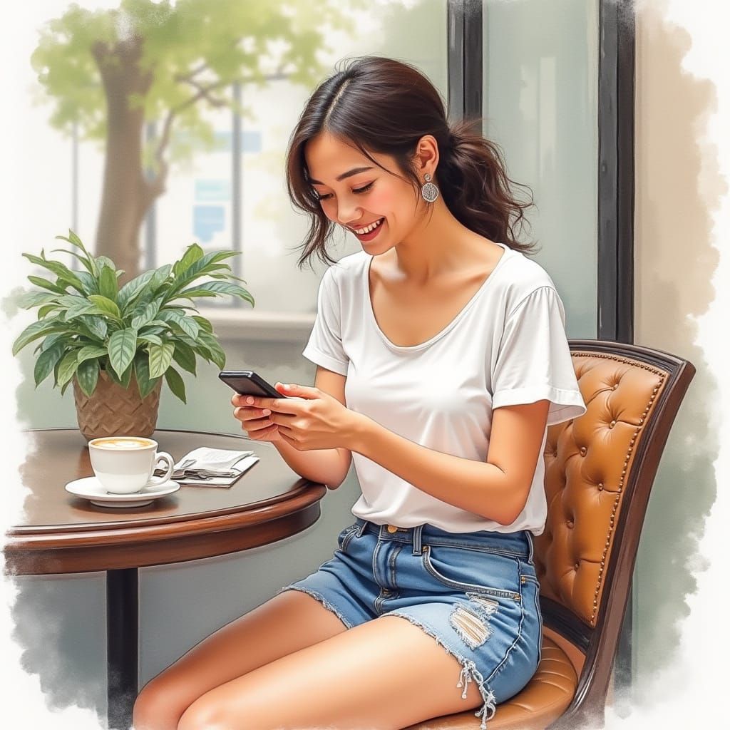 Asian Woman in Hanoi Cafe: Watercolor Pastel Sketch