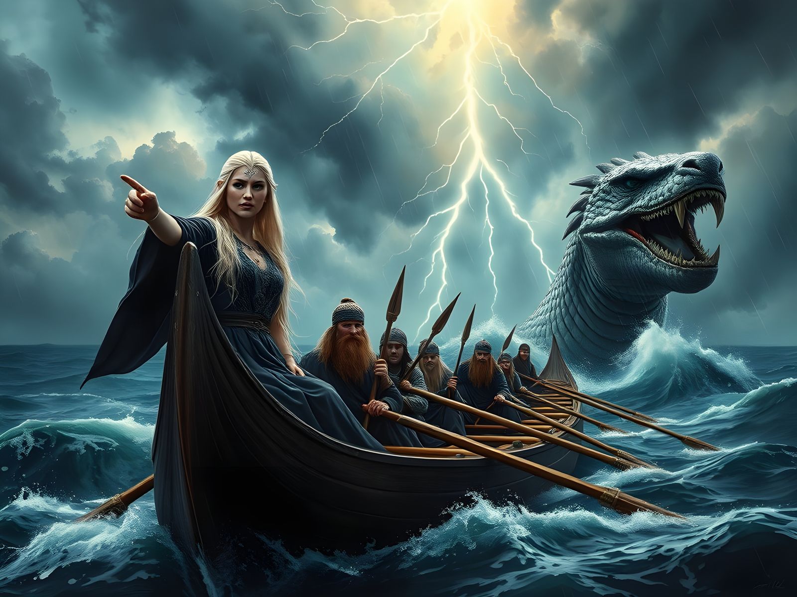 Norse Goddess Strikes Sea Serpent: Oil Painting