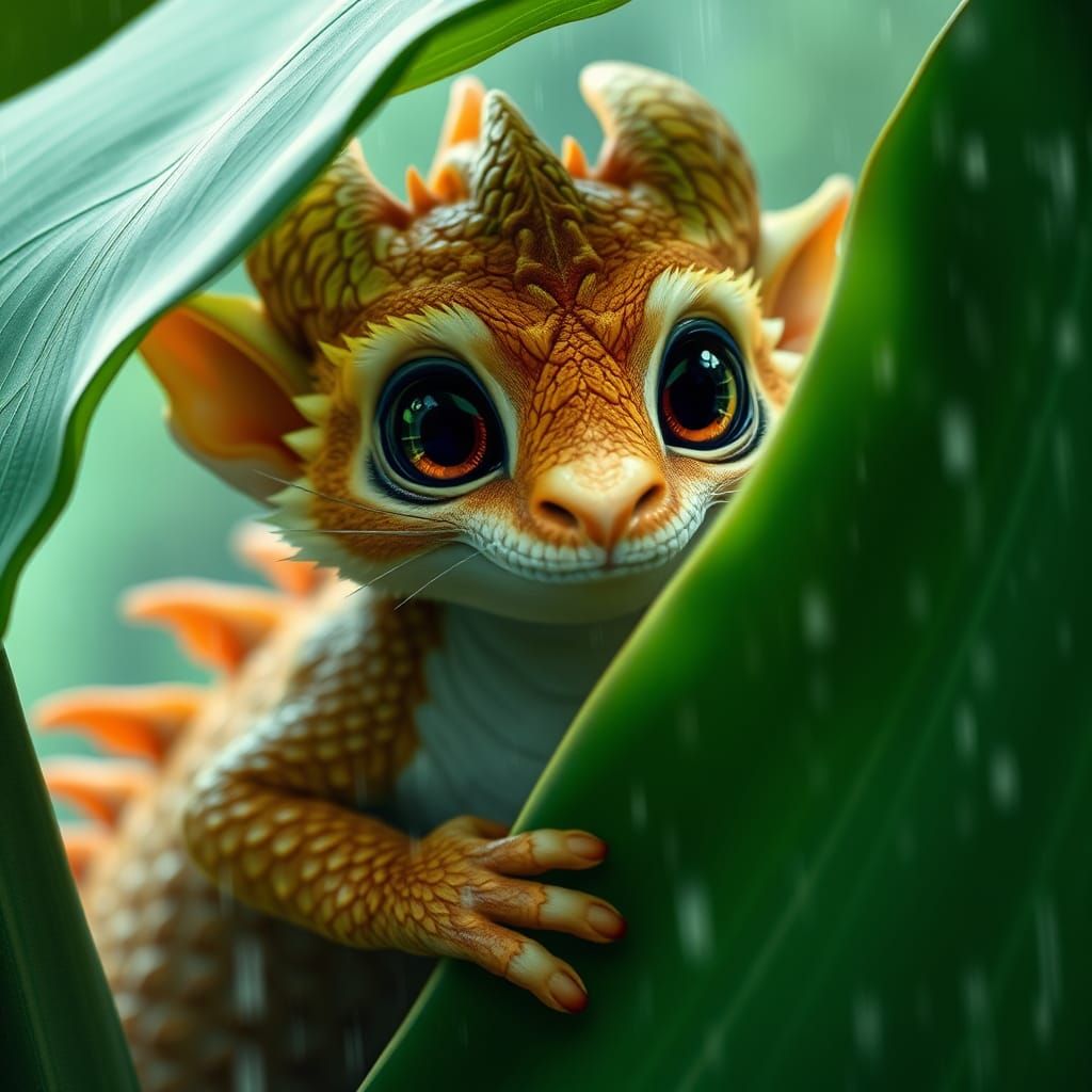 Anthropomorphic Dragon Hiding Under Banana Leaf