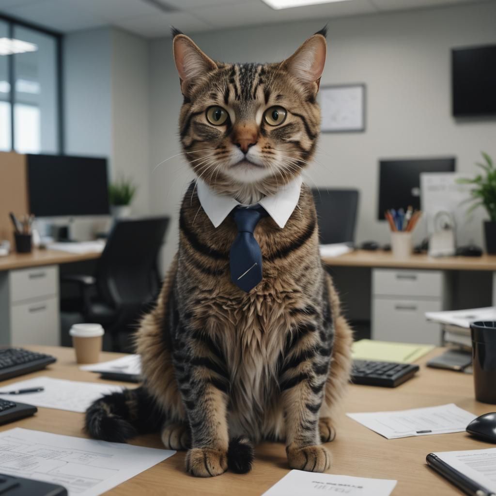 Photorealistic Cat Employee in Office, 4K